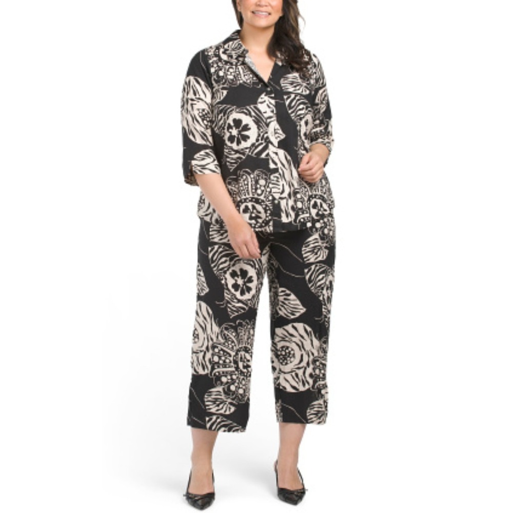 Christian Siriano New York Linen Blend Wide Leg Crop Pants Black White Floral 2X